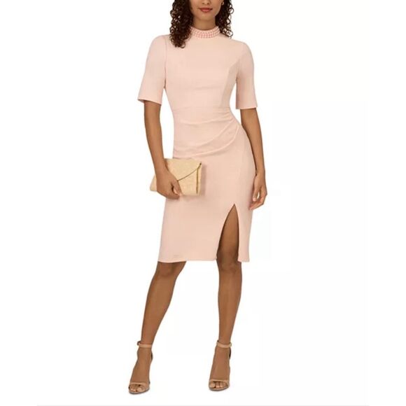adrianna papell embellished cocktail dress Beaded Ankle Length Dress With Sheer Flutter Sleeves In Moonscape